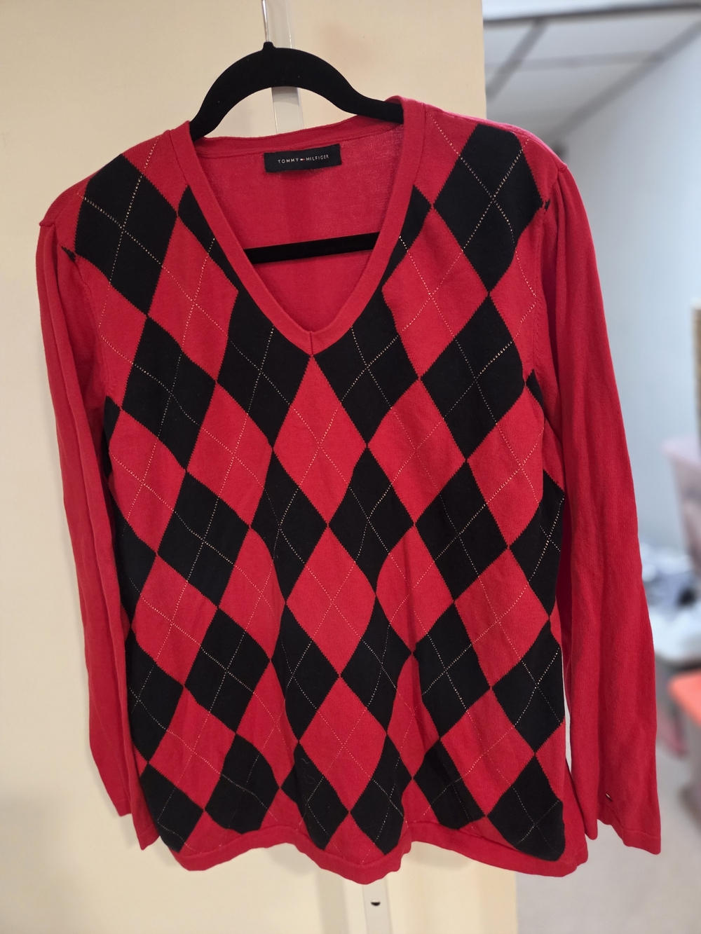 Tommy Hilfiger Red and Black Argyle V-Neck Sweater